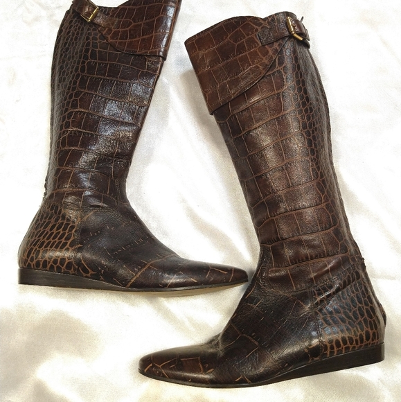BCBGMaxAzria Shoes - BCBGMaxAzria Brown Leather Flat Croc Embossed Tall Boots Sz 7.5